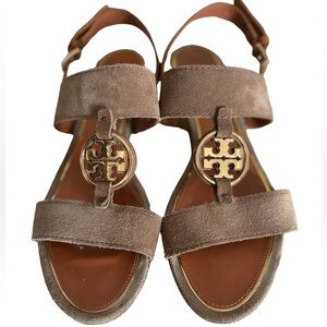 Tory Burch metal Miller two Band Sandal River Rock/Gold womens Size 10M suede